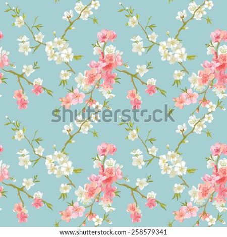 Spring Blossom Flowers Background - Seamless Floral Shabby Chic Pattern - in vector