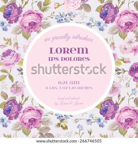 Baby Arrival or Shower Card - with Violet Rose Flower Design - in vector