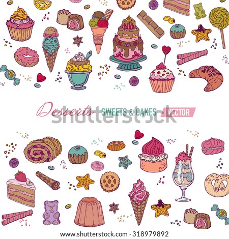 Colorful Card or Brochure - with Cakes, Sweets and Desserts - in vector
