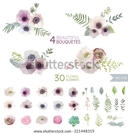 Vintage Flowers and Leaves - in Watercolor Style - vector
