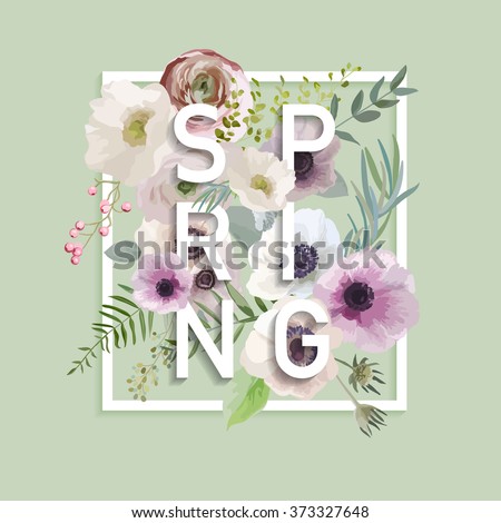 Floral Spring Graphic Design - with Anemone Flowers - for t-shirt, fashion, prints - in vector