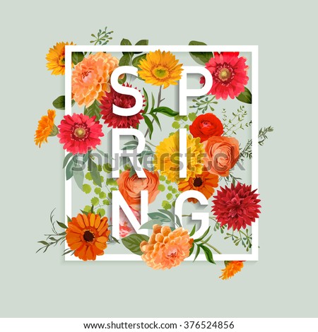 Floral Spring Graphic Design - with Colorful Flowers - for t-shirt, fashion, prints - in vector