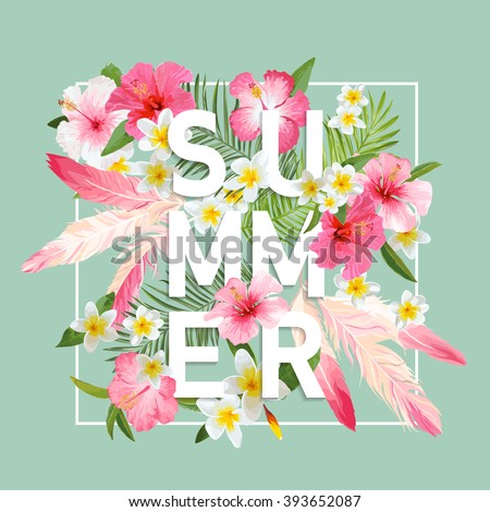 Tropical Flowers and Leaves Background. Summer Design. Vector. T-shirt Fashion Graphic. Exotic Background.