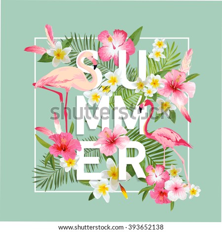 Tropical Flowers Background. Summer Design. Vector. Flamingo. T-shirt Fashion Graphic. Exotic.