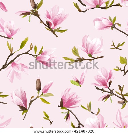 Seamless Floral Pattern. Magnolia Flowers and Leaves. Geometry Background. Exotic Flower. Vector Design. Floral Texture. Summer Background. Spring Floral Background. Vintage Floral Background.