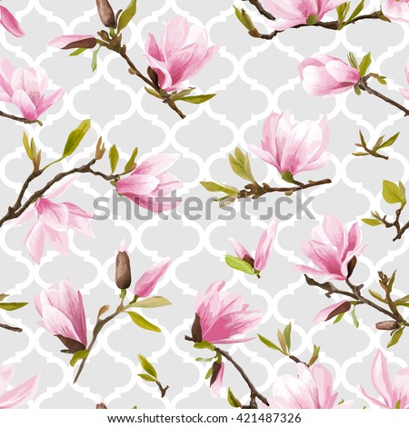 Seamless Floral Pattern. Magnolia Flowers and Leaves. Geometry Background. Exotic Flower. Vector Design. Floral Texture. Summer Background. Spring Floral Background. Vintage Floral Background.