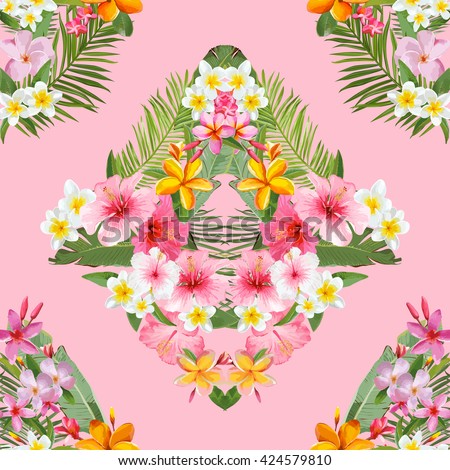 Seamless Pattern. Tropical Palm Leaves and Flowers Background. \
 Vector Background. Exotic Flowers Texture. Floral Wallpaper.