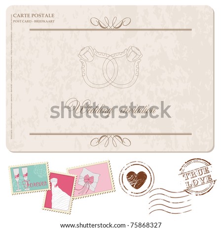stock vector Retro Wedding Invitation postcard with stamps for design 