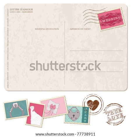 stock vector Retro Wedding Invitation postcard with stamps for design 