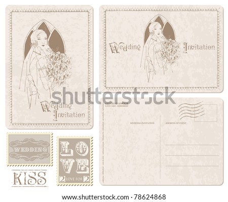stock vector Retro Wedding Invitation postcard with Bride for design and