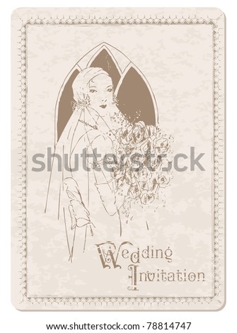 stock vector Retro Wedding Invitation postcard with Bride for design and 