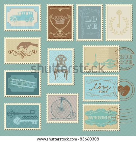 Retro Postage Stamps for wedding design invitation congratulation scrapbook Retro Postage Stamps for wedding design invitation congratulation scrapbook
