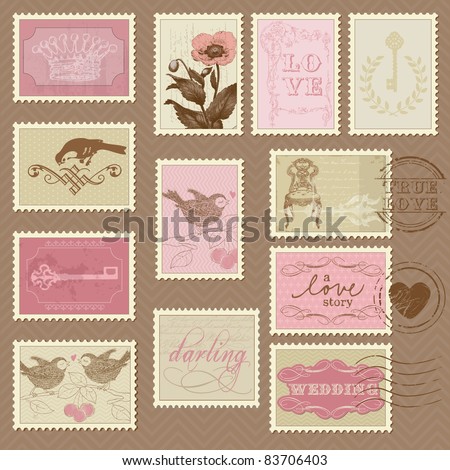 stock vector Retro Postage Stamps for wedding design invitation 