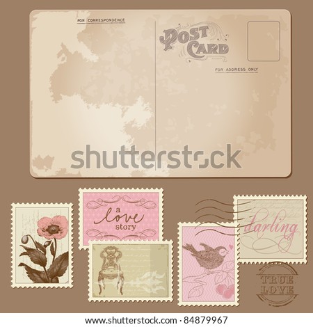 stock vector Vintage Postcard and Postage Stamps for wedding design