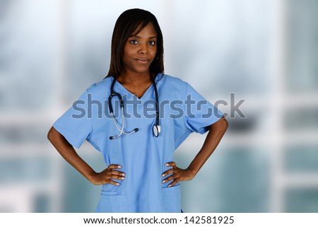 Minority nurse working at her job in a hospital
