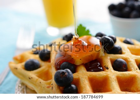 A breakfast setting of delicious waffles in the morning