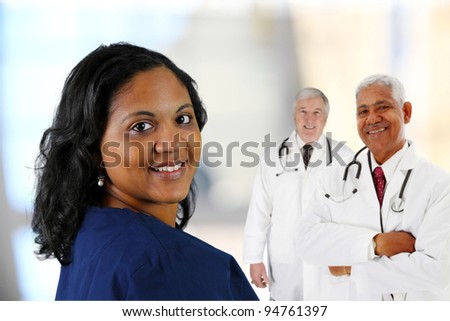 Group of doctors and nurses set on white background