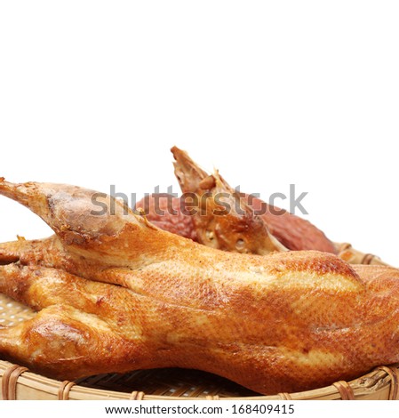 Smoked duck and Sausage on white background