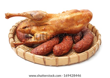 Smoked duck and Sausage on white background