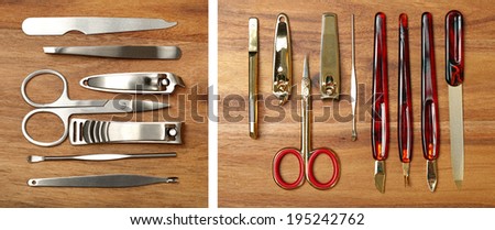 Personal hygiene items on wood background. Metal tweezers, hair clip, nail clippers, and scissors