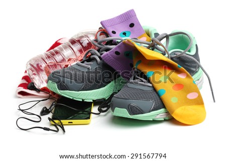 Sport shoes and gym accessories. Fitness concept