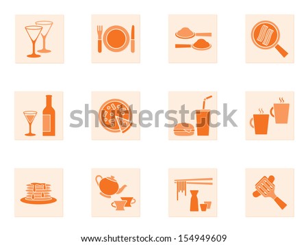 Collection of food and beverage icons depicting red wine, coffee, tea, soda, takeaway foods, pizza, hamburger and bacon in a frying pan in square format