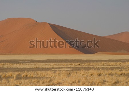wide plain with dry grass vegetation with a red dune in the background