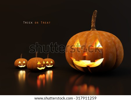 Halloween pumpkins jack with black background and simple texts. glowing faces trick or treat