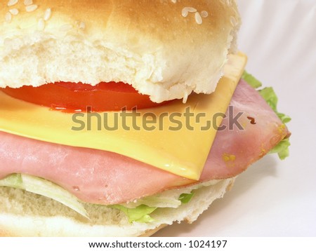 Closeup of colorful ham sandwich on a paper plate
