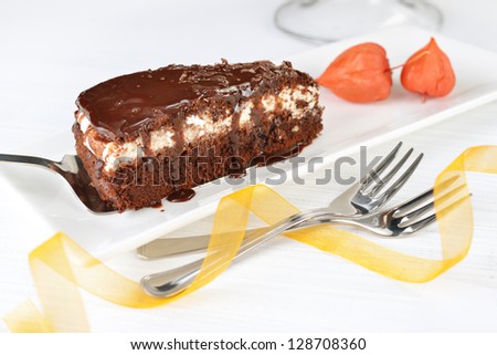 Piece of tasty chocolate cake with black chocolate sauce