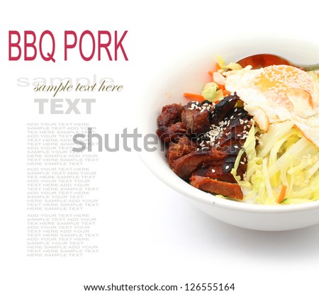 Chinese Barbecue Pork with rice and fried egg isolated on white