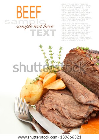 Roast beef joint and carved on white