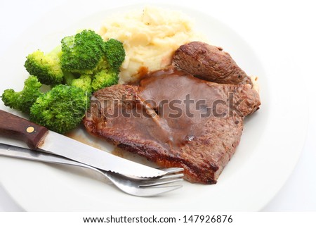 rare medium roast beef fillet serve with broccoli and mashed potato