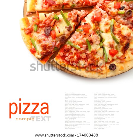 pizza with pepperoni, bell peppers, black olives isolated on white