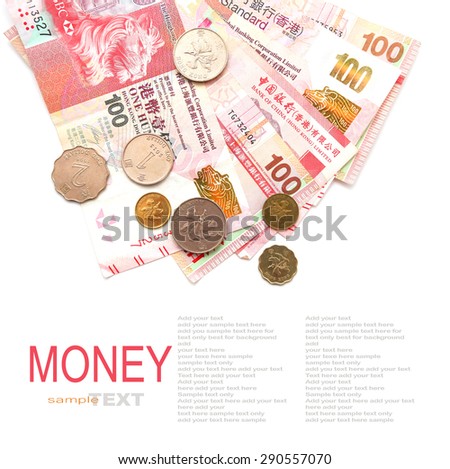 Hong Kong dollar money banknote with coins isolated on white