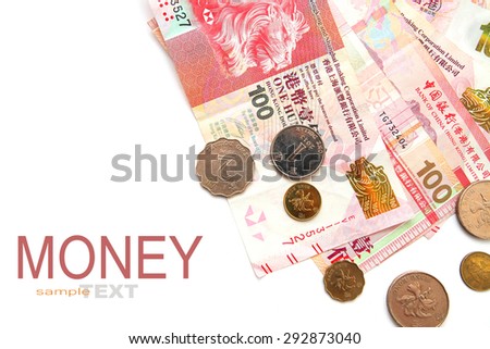 Hong Kong dollar money banknote with coins isolated on white