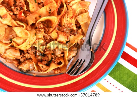Pappardelle Pasta with Tomato Sauce in Red Plate