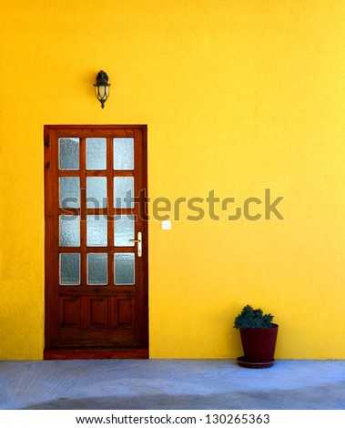 Yellow house wall with door and flower pot / Door