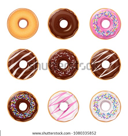 Donuts. Set of american sweet dessert. Chocolate, glaze covered, pink fast-food sweets desserts. Traditional breakfast and lunch. Candy food. Isolated white background. EPS10 vector illustration.