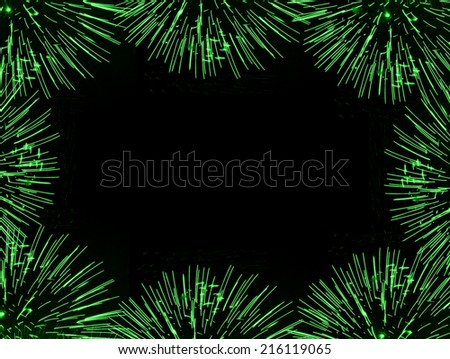 Frame (border) composed of green firework flares isolated on black background with empty copyspace in the middle to insert some text or images.
