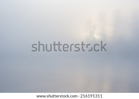 Nature morning sunrise summer scene: forest and trees visible through fog (mist) over the water surface (river, lake, pond) with a blur pattern of waves and reflections. Can be used as a wallpaper.