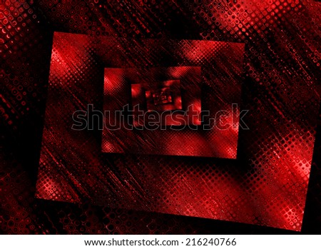 An abstract spiral background with a pattern of red rectangles, lines and spots against black backdrop. Can be used as a wallpaper.
