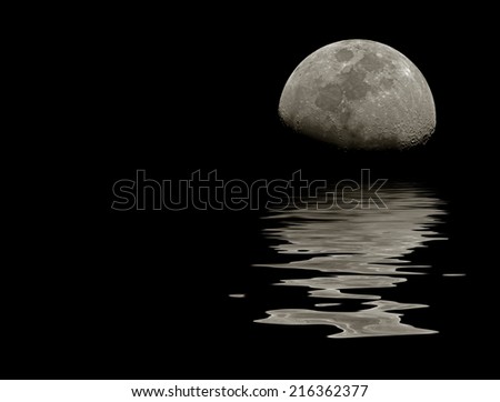 Moon near the horizon (sky line)  with its reflection in wavy water. There is a copy space to insert some text or images. Can be used as a postcard, background or wallpaper.