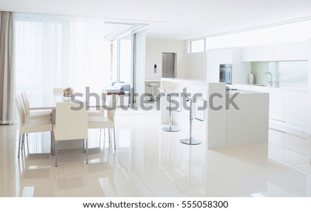 Kitchen in New Luxury Home. Modern white kitchen design. Picture of elegant kitchen furniture
