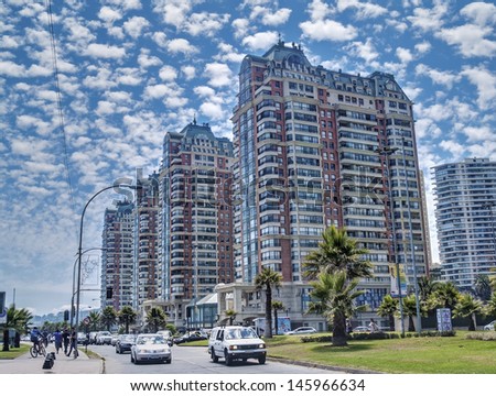 VINA DEL MAR, CHILE - FEBRUARY 12: Line of modern residential skyscrapers on the coastline on February 12, 2011 in Vina del Mar, Chile. Main tourist destination in Chile, an hour from capital Santiago