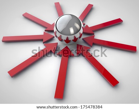 Red arrows and shiny spheres over white background