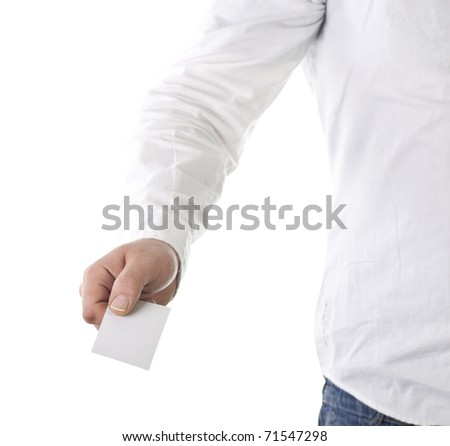 Male Hand with business card, isolated on white Background