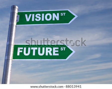 Green Road Sign directing to visions and to the Future