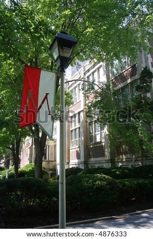 a flag on the lamp post at Muhlenberg College