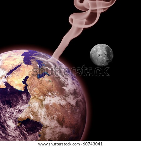 The Earth on fire with smoke and the moon (global warming concept)